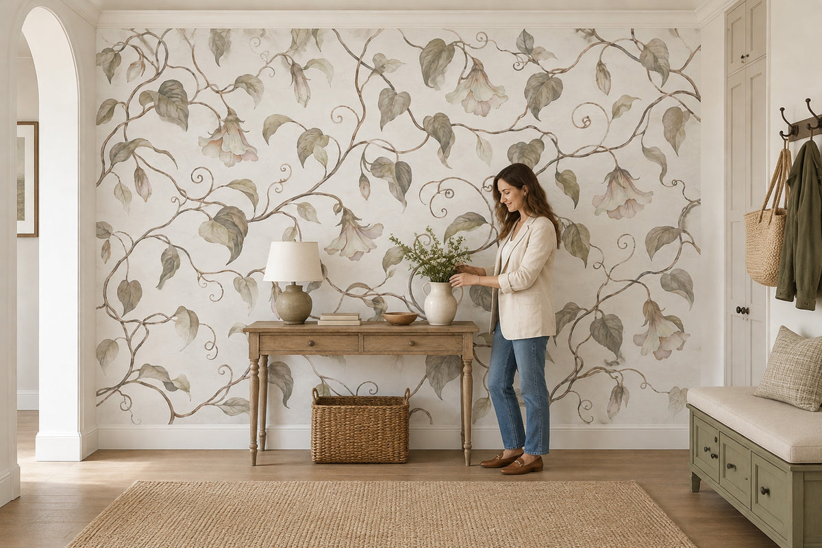 Watercolor Vines And Hanging Blooms Wallpaper White Background Wall Mural