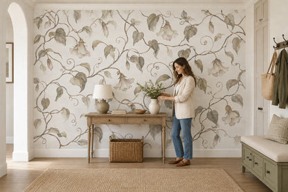 Watercolor Vines And Hanging Blooms Wallpaper White Background Wall Mural