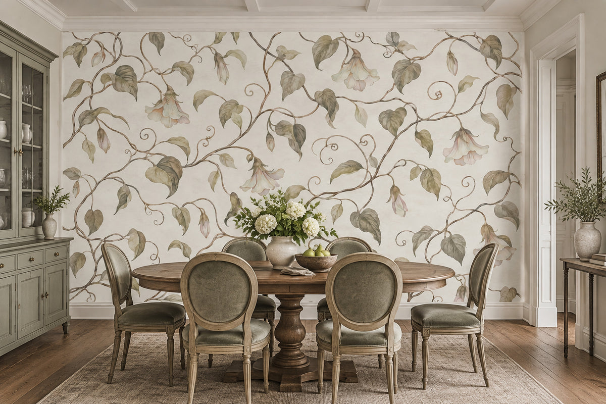 Watercolor Vines And Hanging Blooms Wallpaper White Background Wall Mural