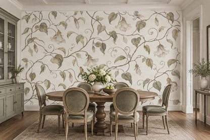 Watercolor Vines And Hanging Blooms Wallpaper White Background Wall Mural