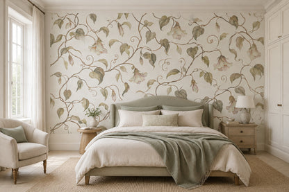 Watercolor Vines And Hanging Blooms Wallpaper White Background Wall Mural