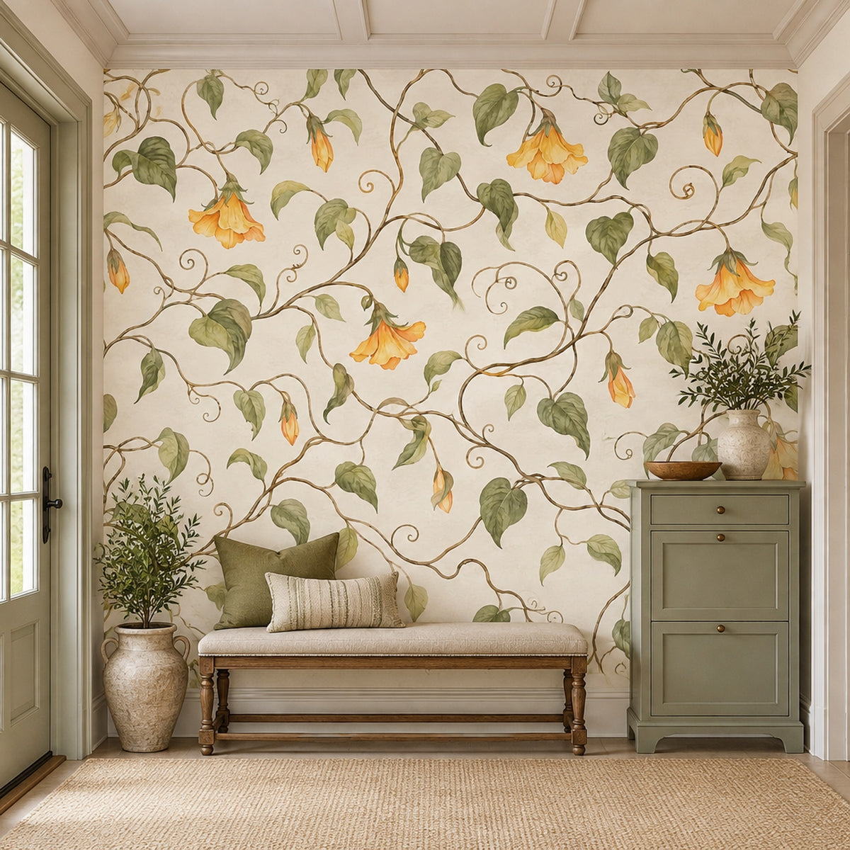 Watercolor Ivy Vines Wallpaper Muted Green Botanical Wall Mural