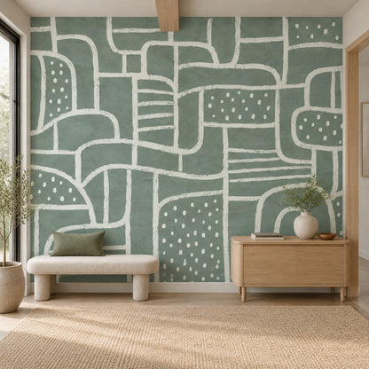 White Line Arches And Rounded Shapes Wallpaper Sage Green Wall Mural