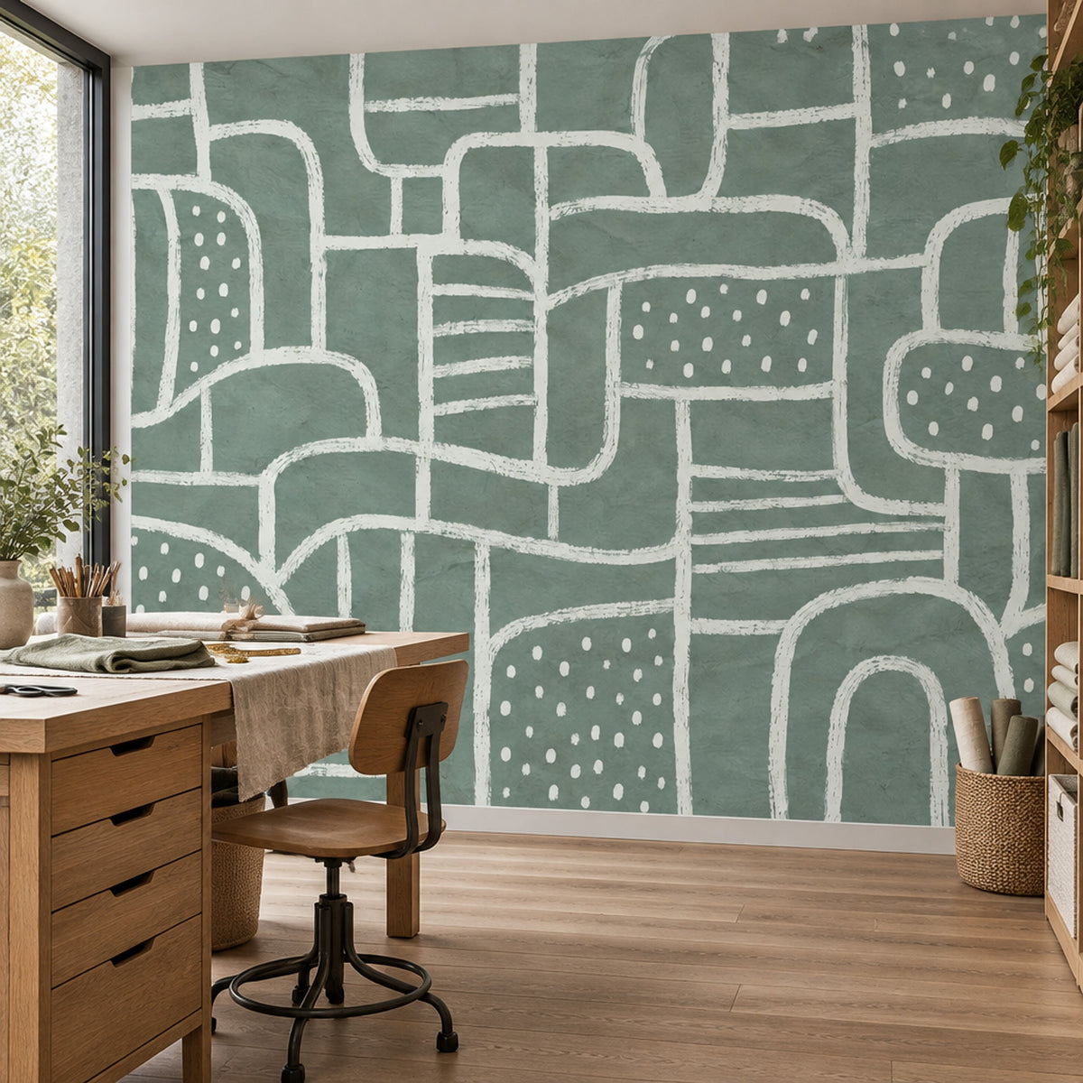 White Line Arches And Rounded Shapes Wallpaper Sage Green Wall Mural
