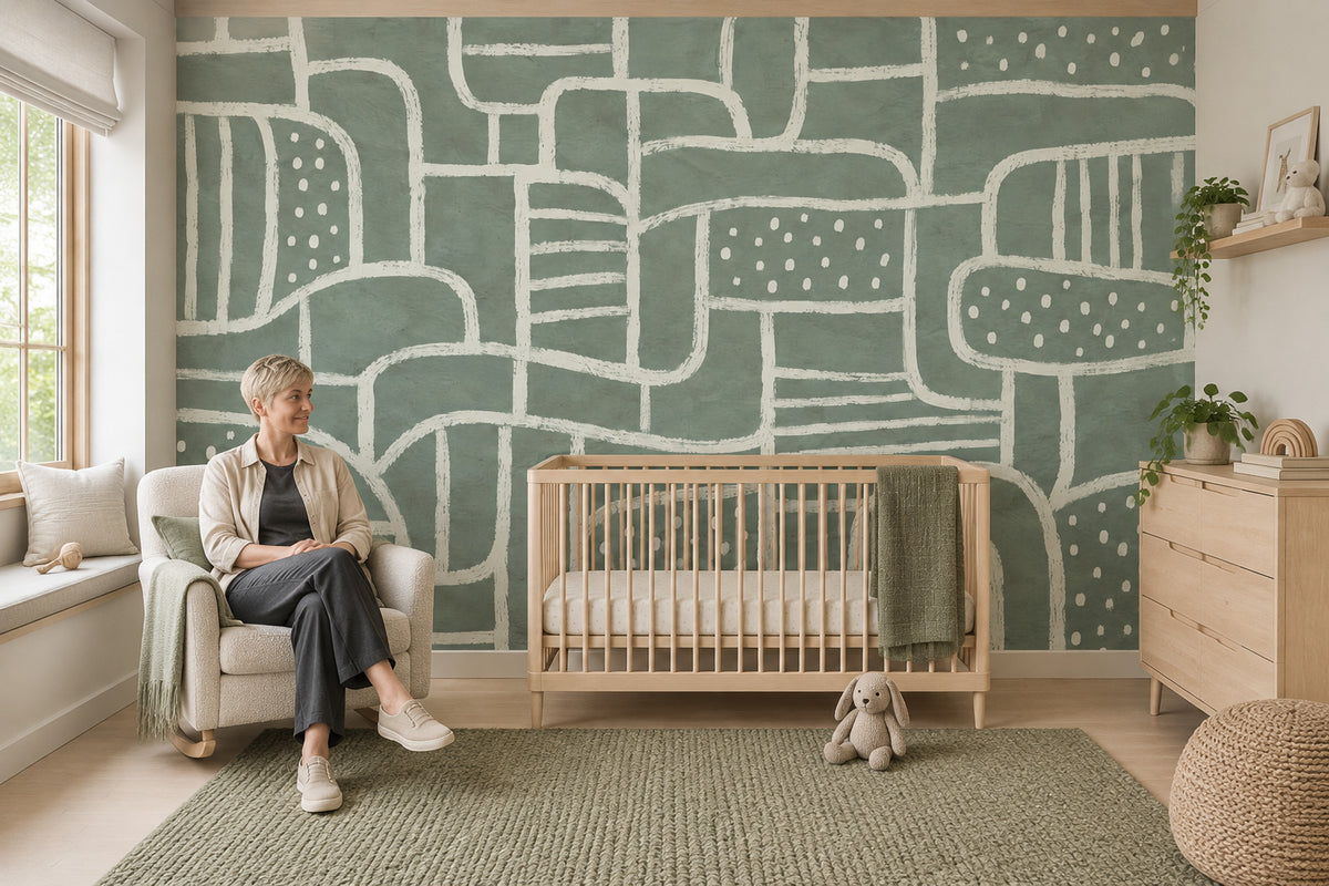 White Line Arches And Rounded Shapes Wallpaper Sage Green Wall Mural
