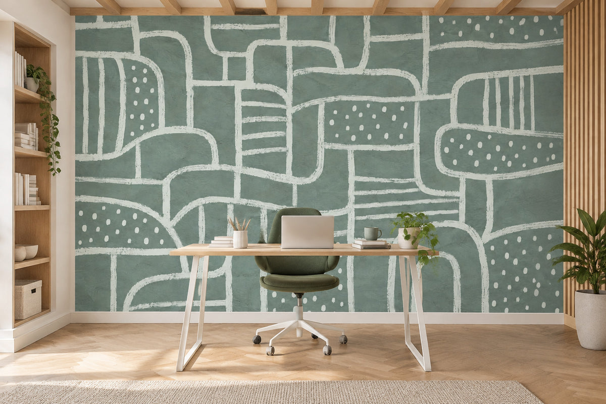 White Line Arches And Rounded Shapes Wallpaper Sage Green Wall Mural