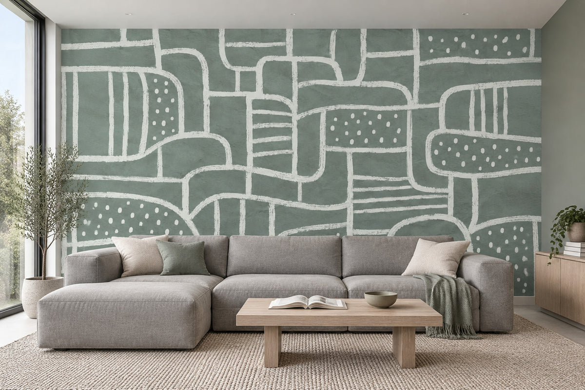 White Line Arches And Rounded Shapes Wallpaper Sage Green Wall Mural