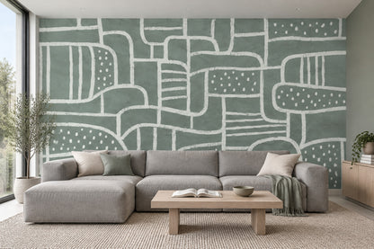 White Line Arches And Rounded Shapes Wallpaper Sage Green Wall Mural