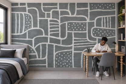 White Linework Geometric Shapes Wallpaper Dark Gray Abstract Wall Mural