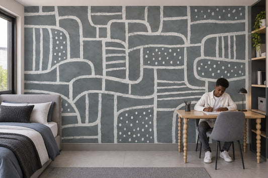 White Linework Geometric Shapes Wallpaper Dark Gray Abstract Wall Mural