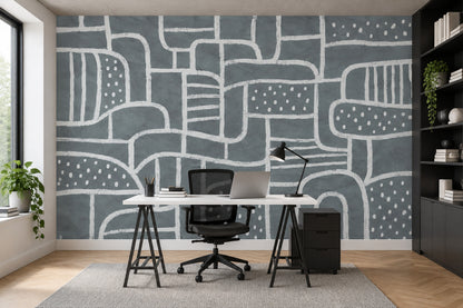 White Linework Geometric Shapes Wallpaper Dark Gray Abstract Wall Mural