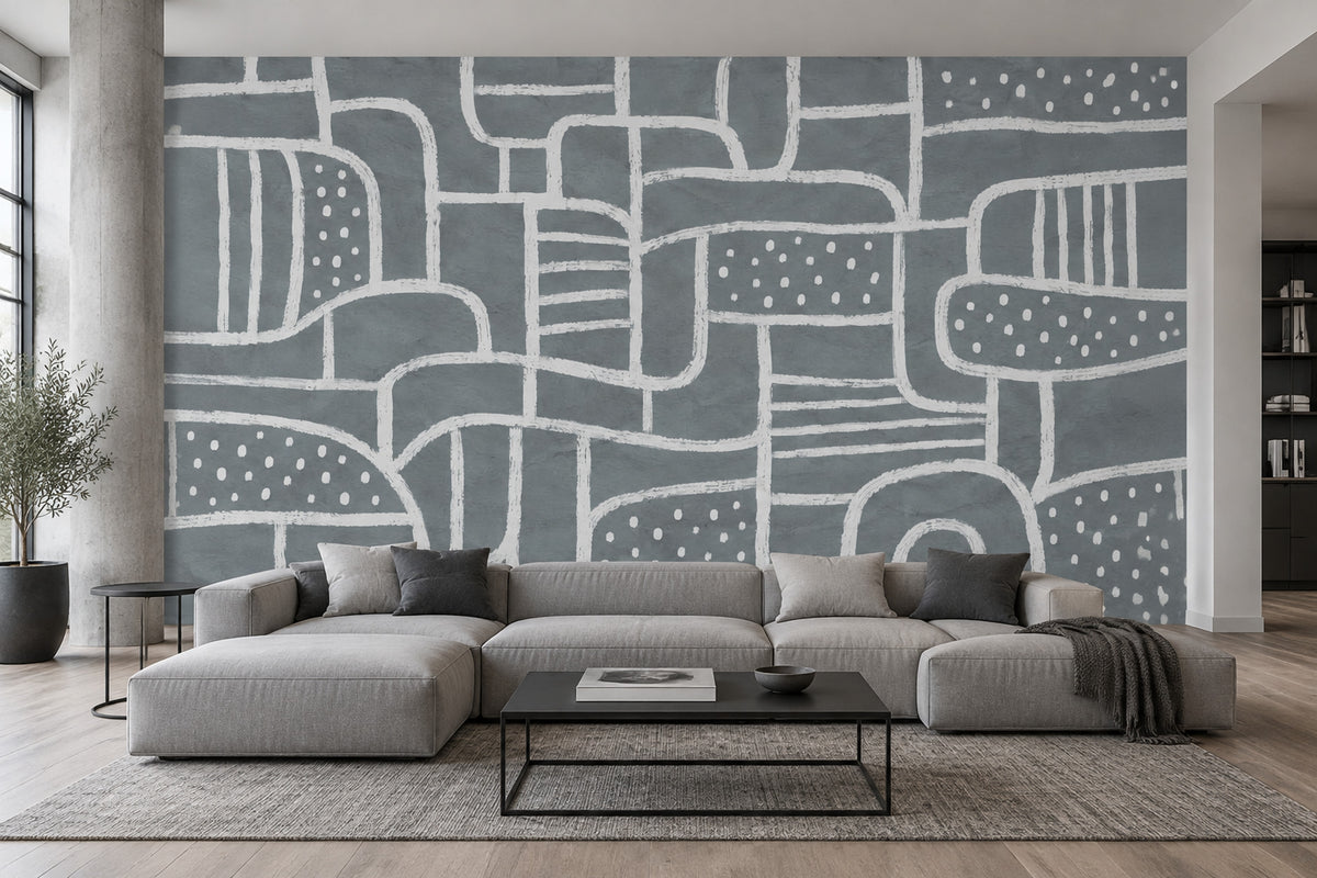 White Linework Geometric Shapes Wallpaper Dark Gray Abstract Wall Mural