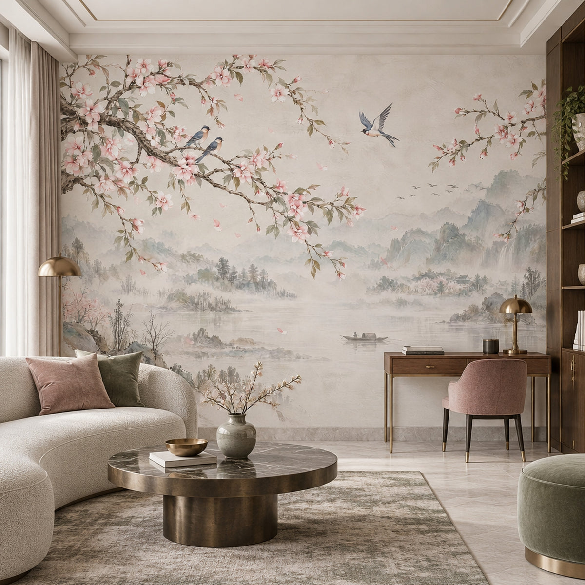 Cherry Blossom Branches Wallpaper Chinoiserie Landscape Wall Mural