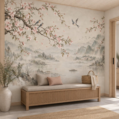 Cherry Blossom Branches Wallpaper Chinoiserie Landscape Wall Mural