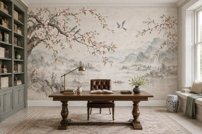 Cherry Blossom Branches Wallpaper Chinoiserie Landscape Wall Mural