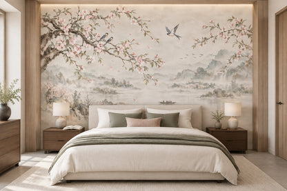 Cherry Blossom Branches Wallpaper Chinoiserie Landscape Wall Mural
