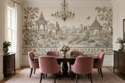 Chinoiserie Pagoda Garden Wallpaper Vintage Landscape Wall Mural