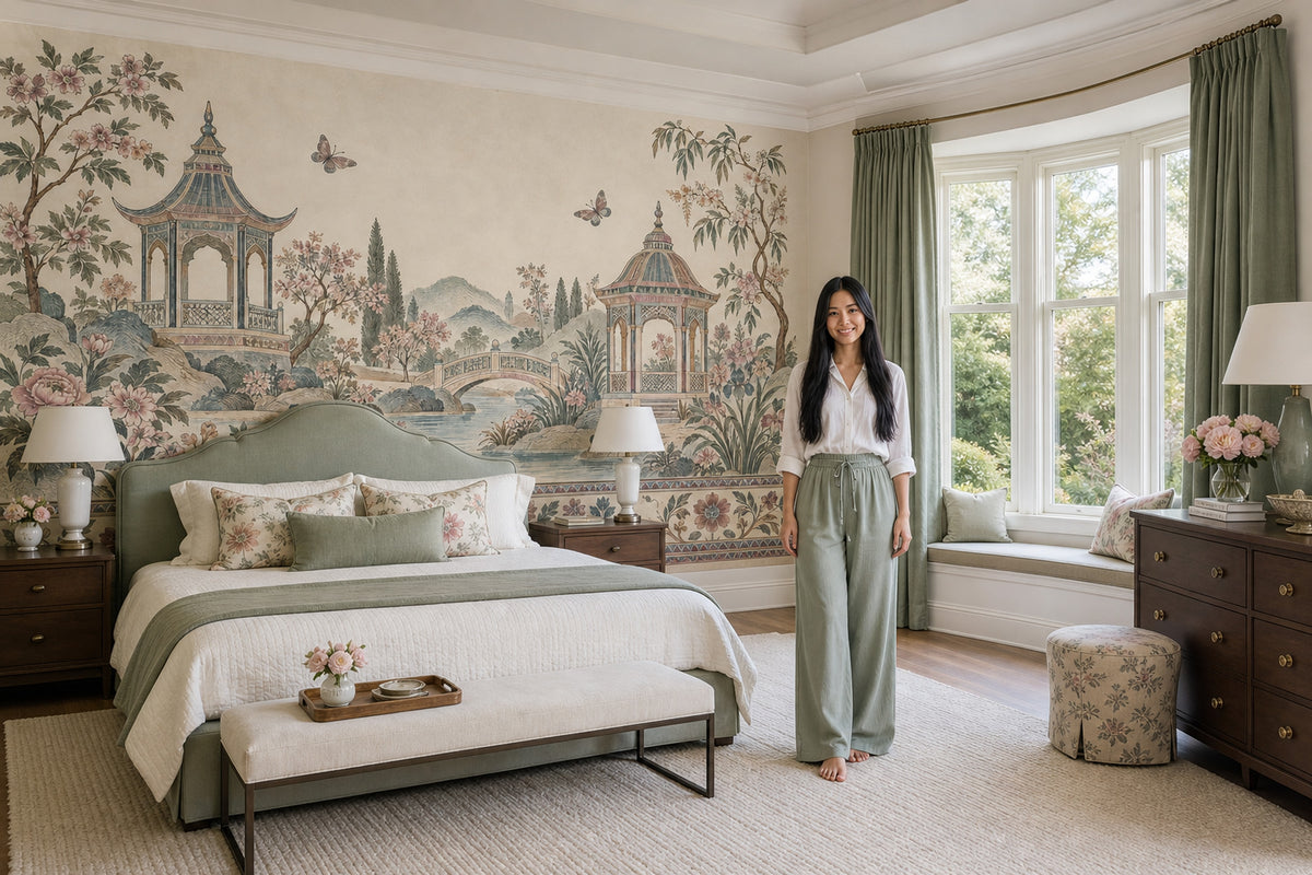Chinoiserie Pagoda Garden Wallpaper Vintage Landscape Wall Mural