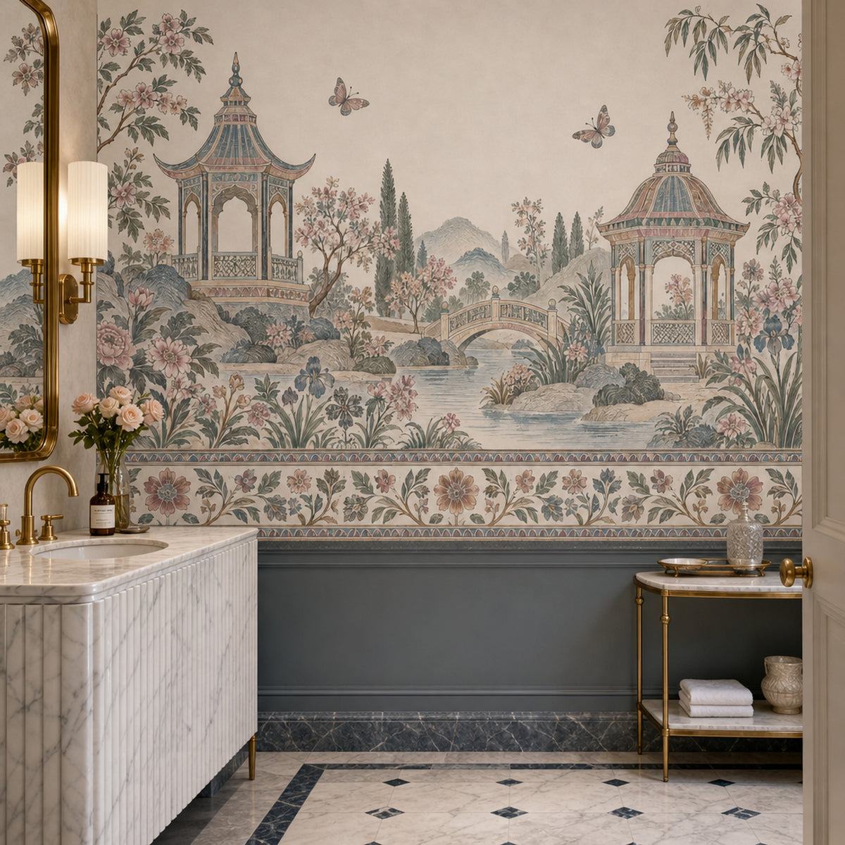 Chinoiserie Pagoda Garden Wallpaper Vintage Landscape Wall Mural