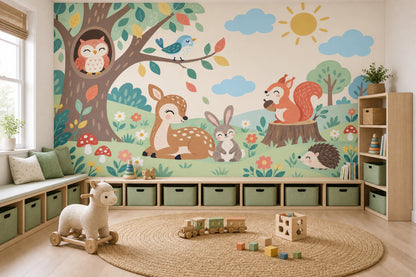 Woodland Tree Animals Wallpaper Whimsical Forest Wall Mural