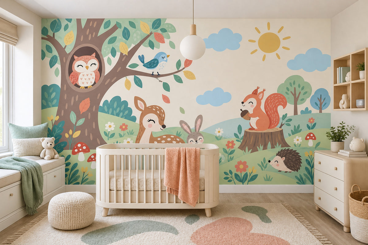Woodland Tree Animals Wallpaper Whimsical Forest Wall Mural