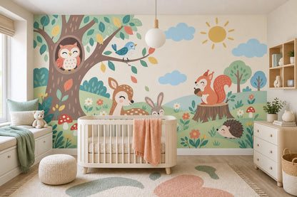 Woodland Tree Animals Wallpaper Whimsical Forest Wall Mural