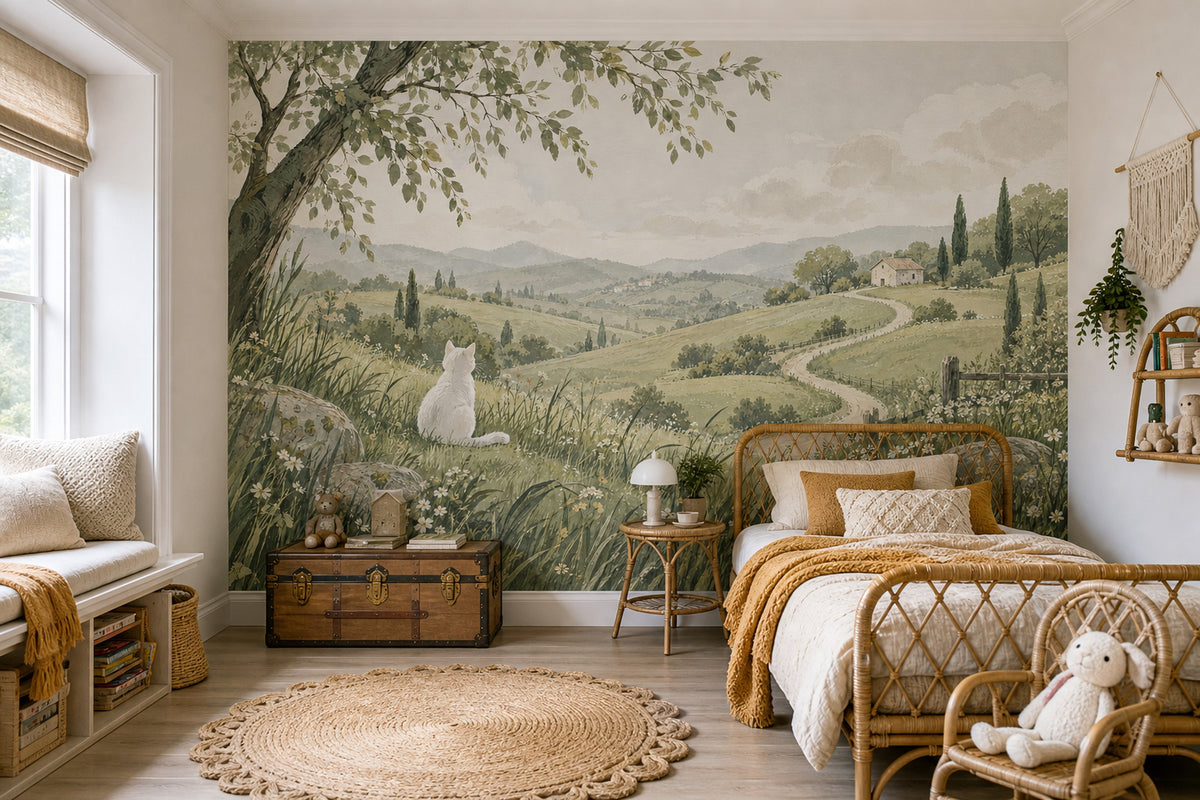 White Cat Meadow Landscape Wallpaper Muted Green Hills Wall Mural