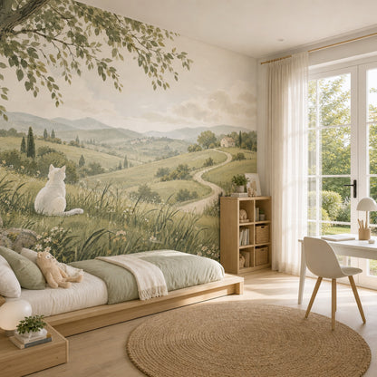 White Cat Meadow Landscape Wallpaper Muted Green Hills Wall Mural