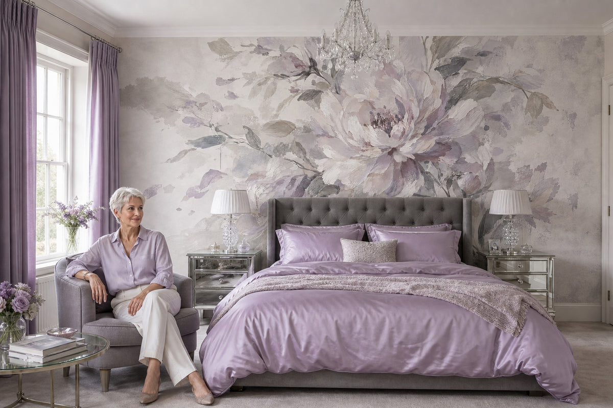 Watercolor Peony Blossoms Wallpaper Soft Lavender Wall Mural