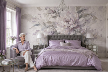 Watercolor Peony Blossoms Wallpaper Soft Lavender Wall Mural