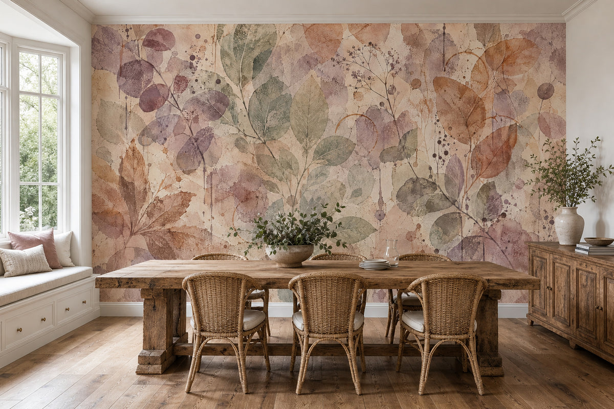 Watercolor Botanical Leaves Wallpaper Soft Beige Texture Wall Mural