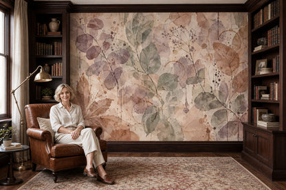 Watercolor Botanical Leaves Wallpaper Soft Beige Texture Wall Mural