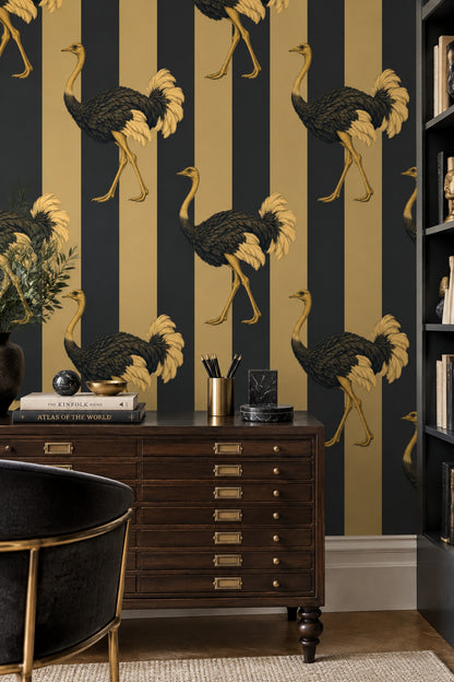 Ostrich Illustration Wallpaper Dark Striped Gold Black