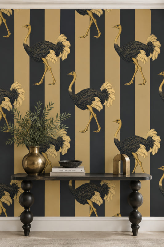 Ostrich Illustration Wallpaper Dark Striped Gold Black