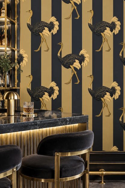 Ostrich Illustration Wallpaper Dark Striped Gold Black