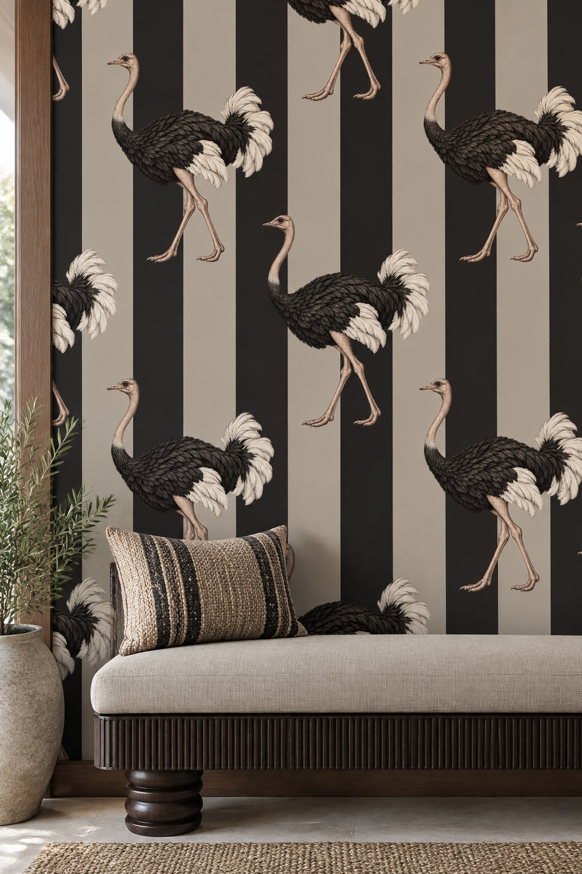 Ostrich Wallpaper Vertical Stripe Beige And Black