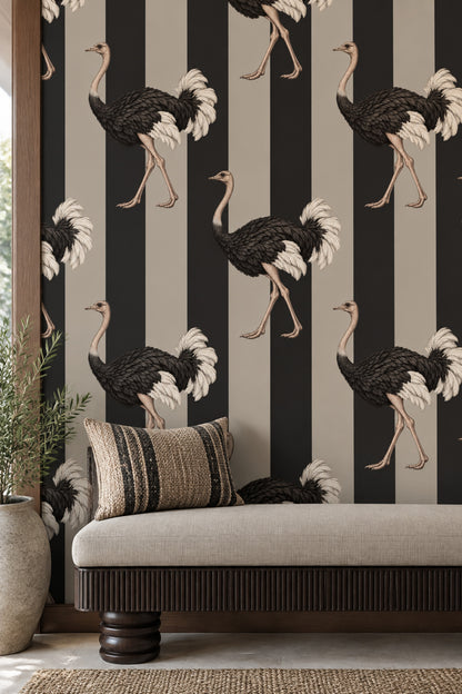 Ostrich Wallpaper Vertical Stripe Beige And Black