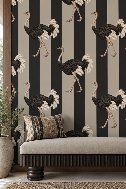 Ostrich Wallpaper Vertical Stripe Beige And Black