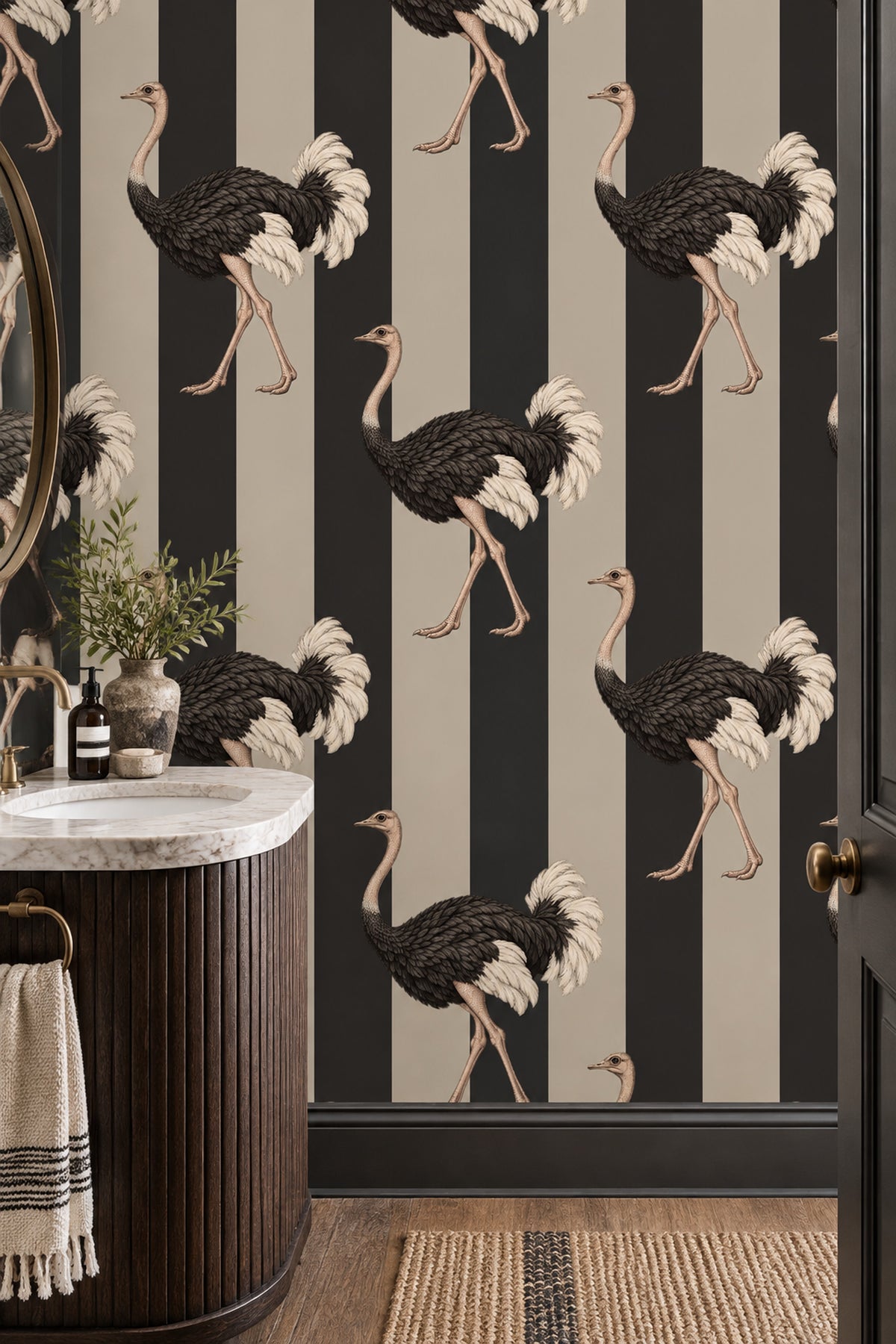 Ostrich Wallpaper Vertical Stripe Beige And Black