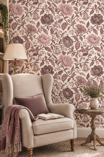 Pink Peony Blossoms Wallpaper Cream Background Vines