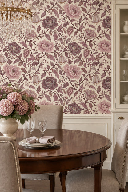 Pink Peony Blossoms Wallpaper Cream Background Vines