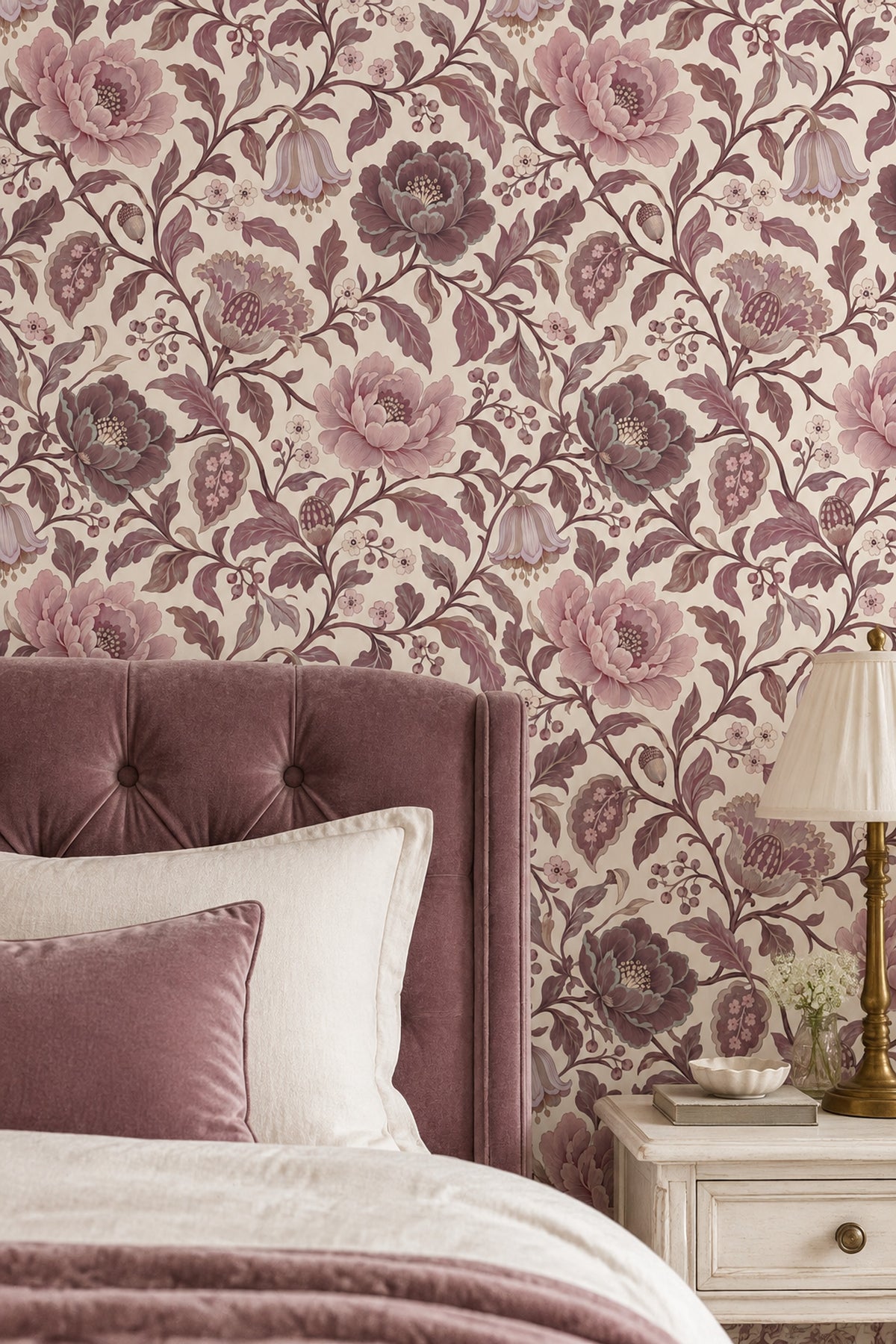 Pink Peony Blossoms Wallpaper Cream Background Vines