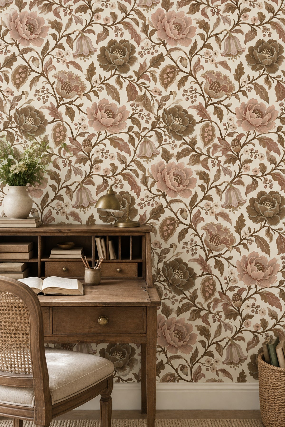 Blush Garden Flowers Wallpaper Cream Background