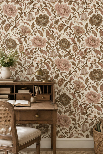 Blush Garden Flowers Wallpaper Cream Background