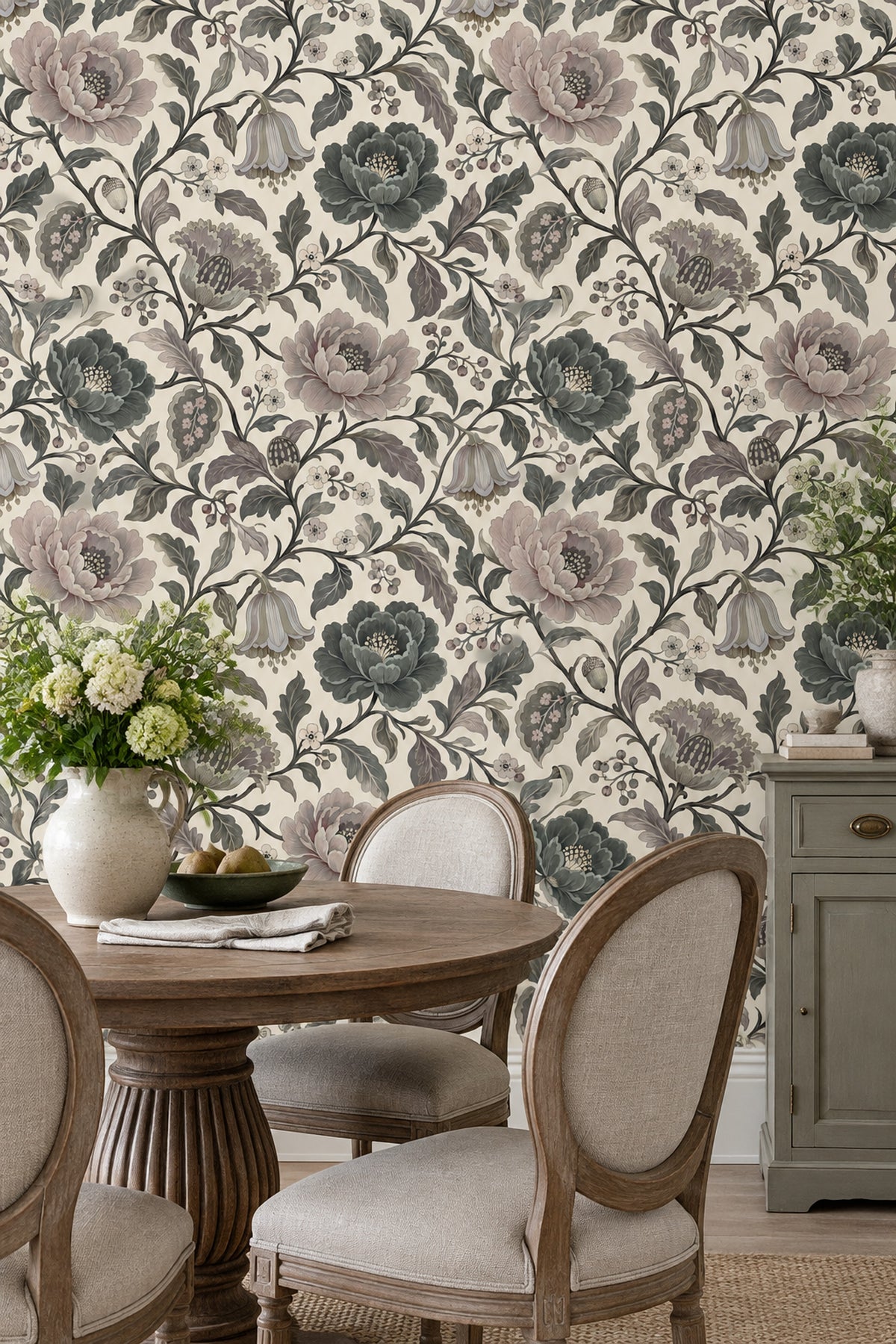 Peony Flowers Wallpaper Vintage Chinoiserie Cream Background