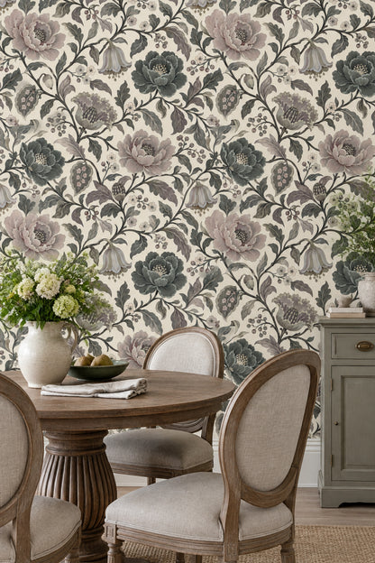 Peony Flowers Wallpaper Vintage Chinoiserie Cream Background