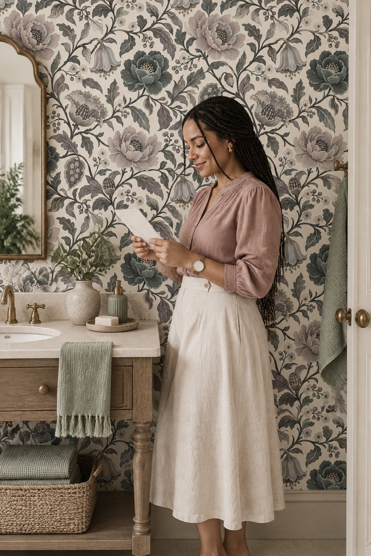 Peony Flowers Wallpaper Vintage Chinoiserie Cream Background