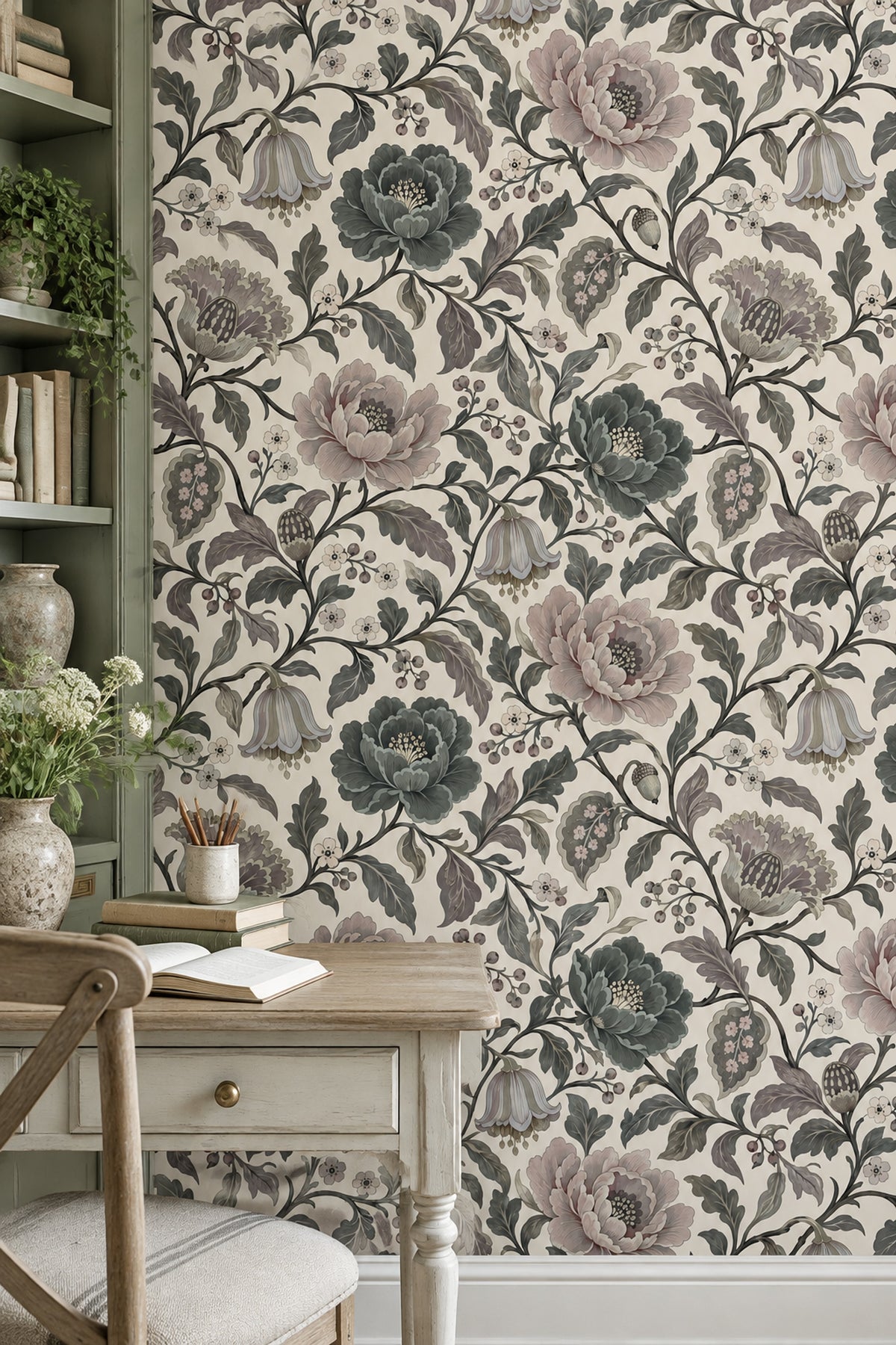 Peony Flowers Wallpaper Vintage Chinoiserie Cream Background