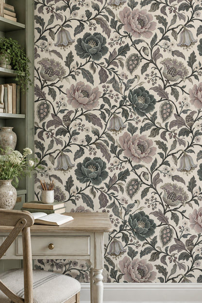 Peony Flowers Wallpaper Vintage Chinoiserie Cream Background