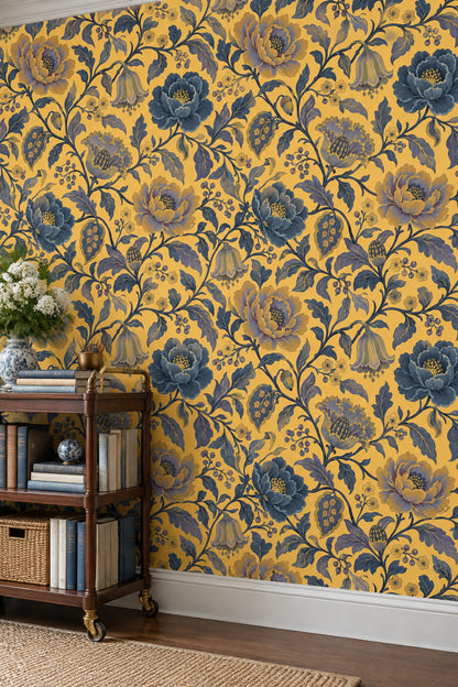 Stylized Garden Flowers Wallpaper Yellow Background